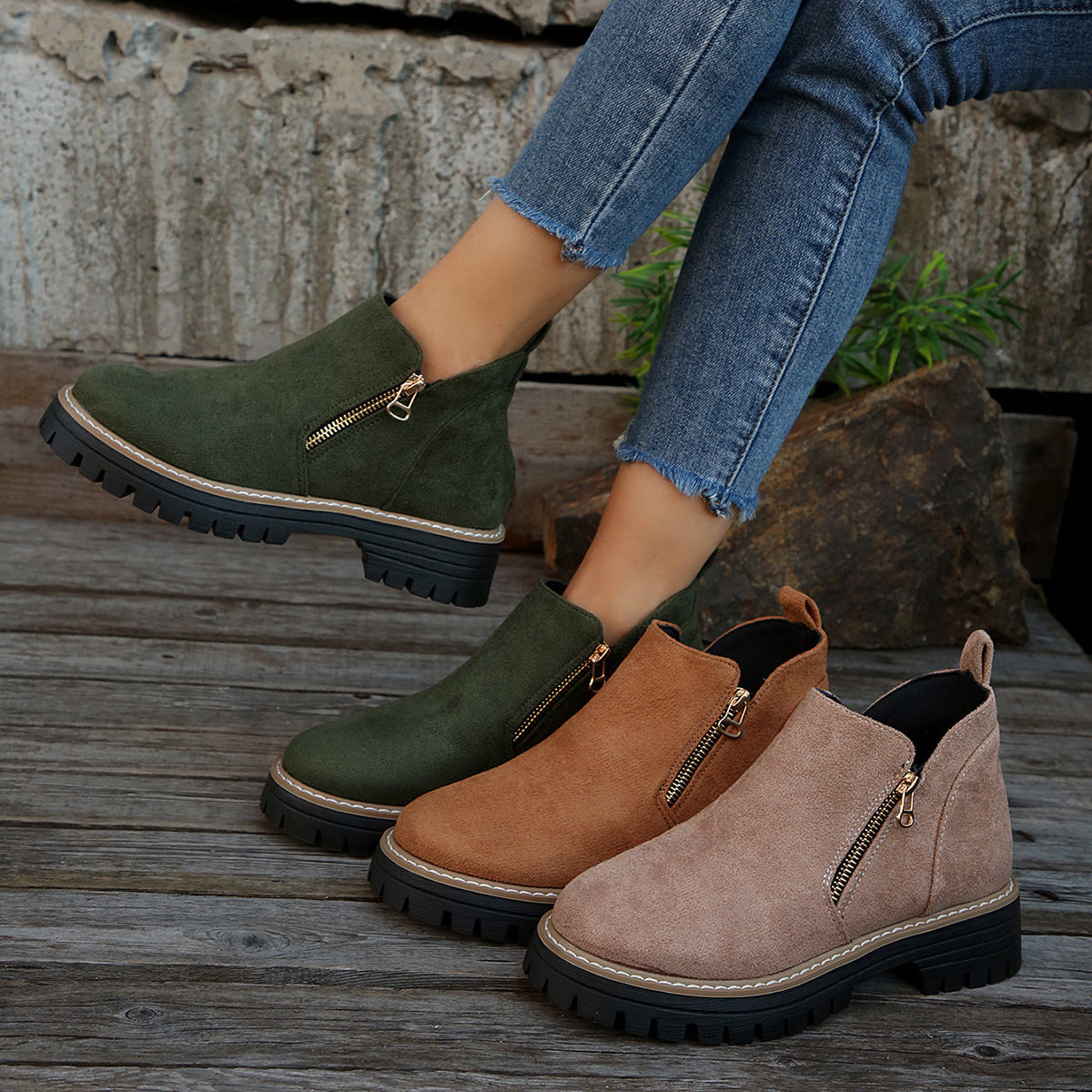 Fashion Ankle Boots With Side Zipper Ins Chunky Boots Autumn Winter Suede Shoes Women