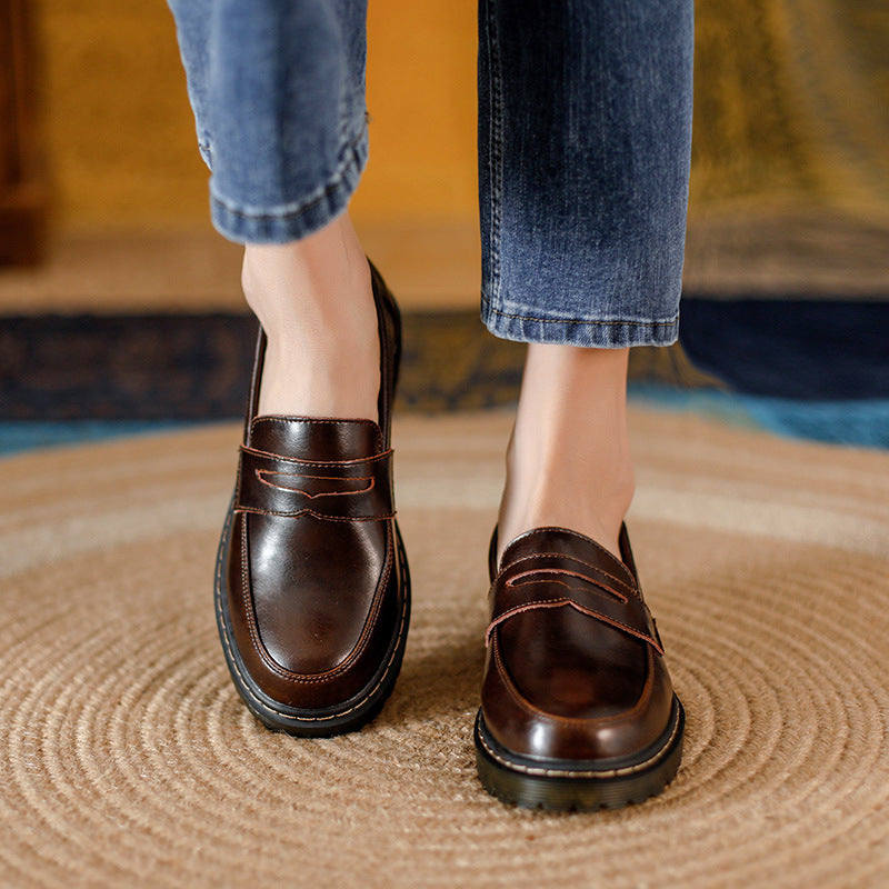 Round Head Thick Low Heel Leather Shoes Women