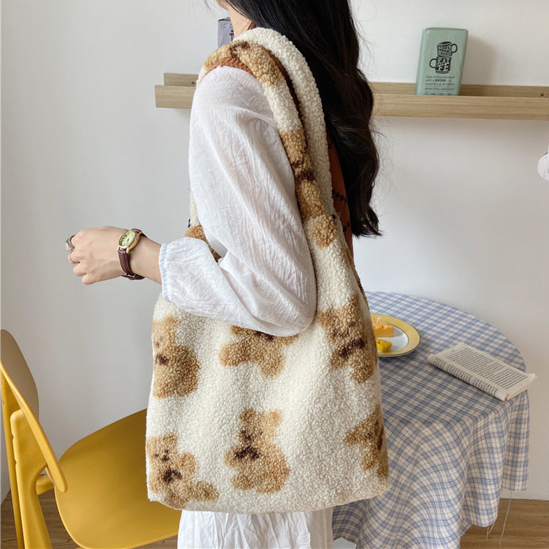 Women’s Winter Lamb Shoulder Bag – Cute Bear Print Handbag