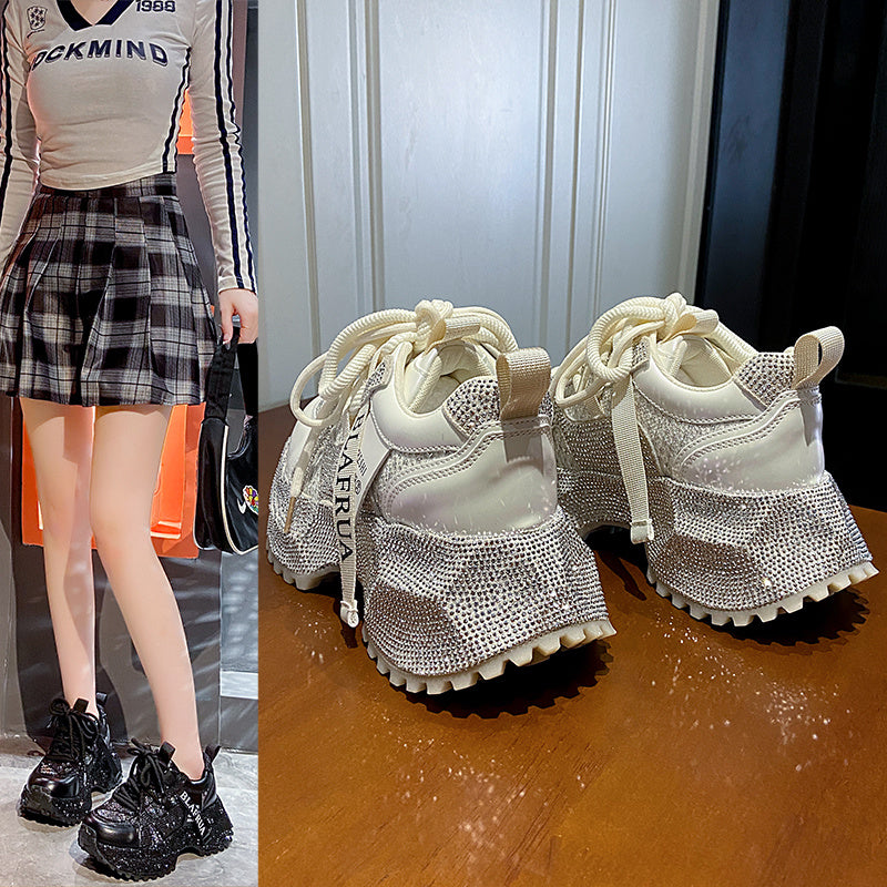 Women's Fashion High-top Sneakers | Shiny Sequin Lace-up Shoes with Rhinestones