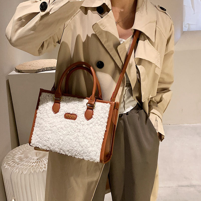 Women's Winter Lamb Wool Handbag – Solid Color PU Small Square Shoulder Bag