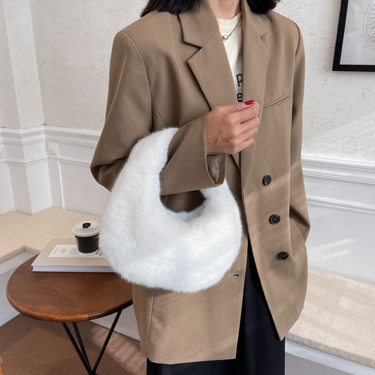 Women’s Plush Handbag – Solid Color Single-Shoulder Tote