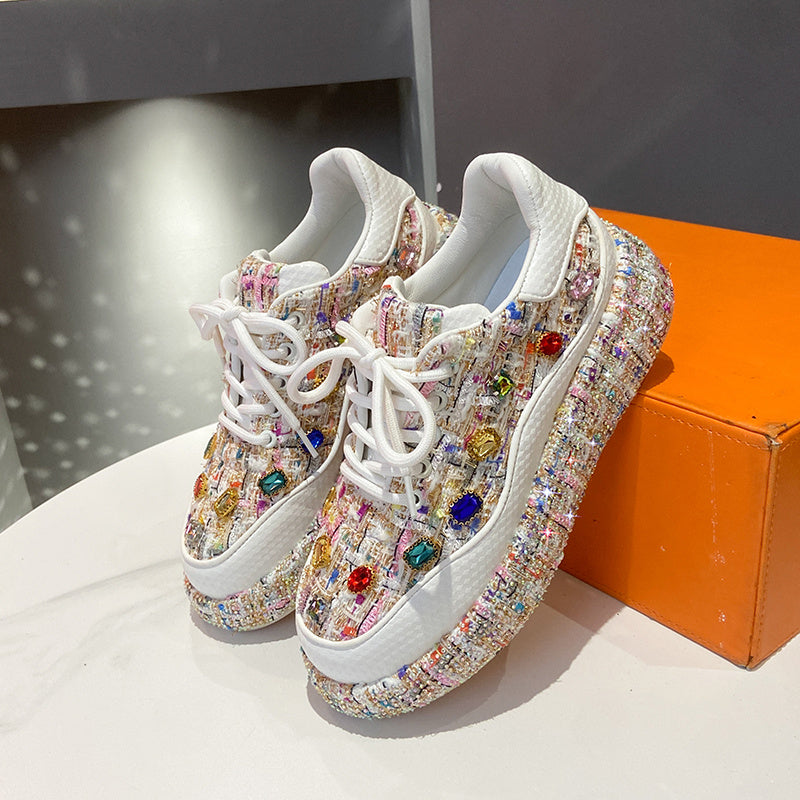 Women's Fashion Platform Loafers, Colorful Tweed Slip-on Shoes With Gemstones, Casual And Comfortable Flat Shoes