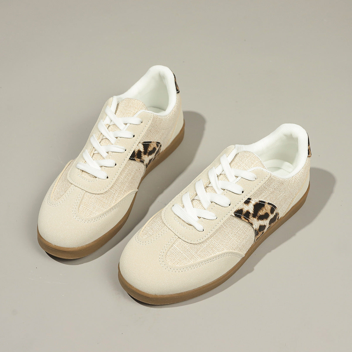 Women's Vintage German Training Shoes | Leopard Print Round Toe Lace-up Sneakers