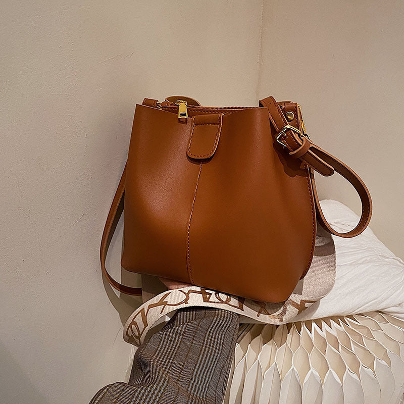 French Style Bucket Bag – Simple Wide Shoulder Strap Handbag for Women