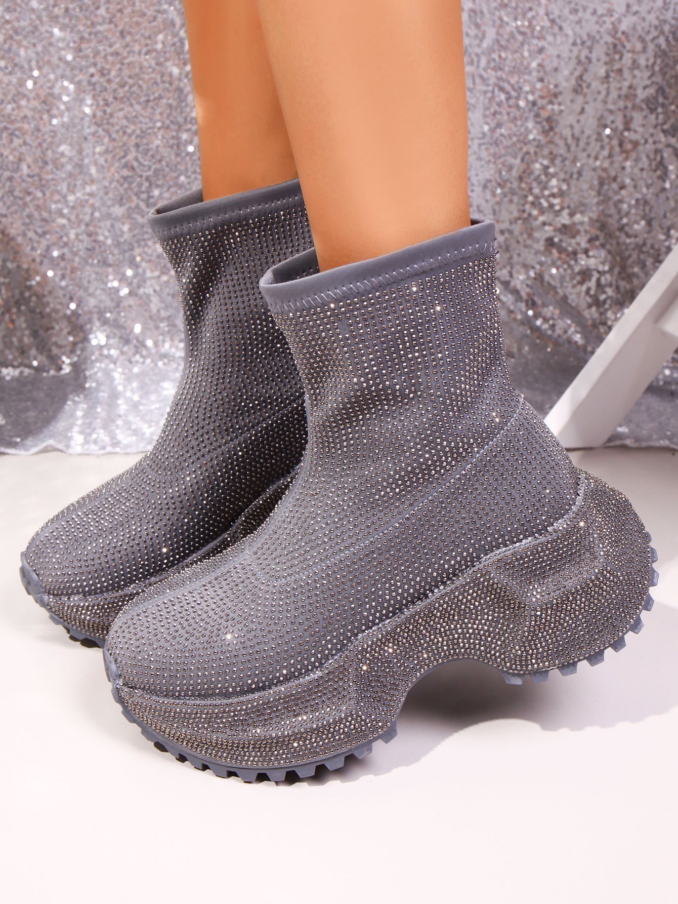 Women's Sparkling Rhinestone Ankle Boots, Thick-soled High Heels, Pink Disco Party Shoes, Fashionable Punk Rock Sequin Evening Boots