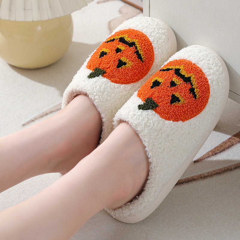 Halloween Pumpkin Slippers – Warm Plush Indoor Shoes for Couples