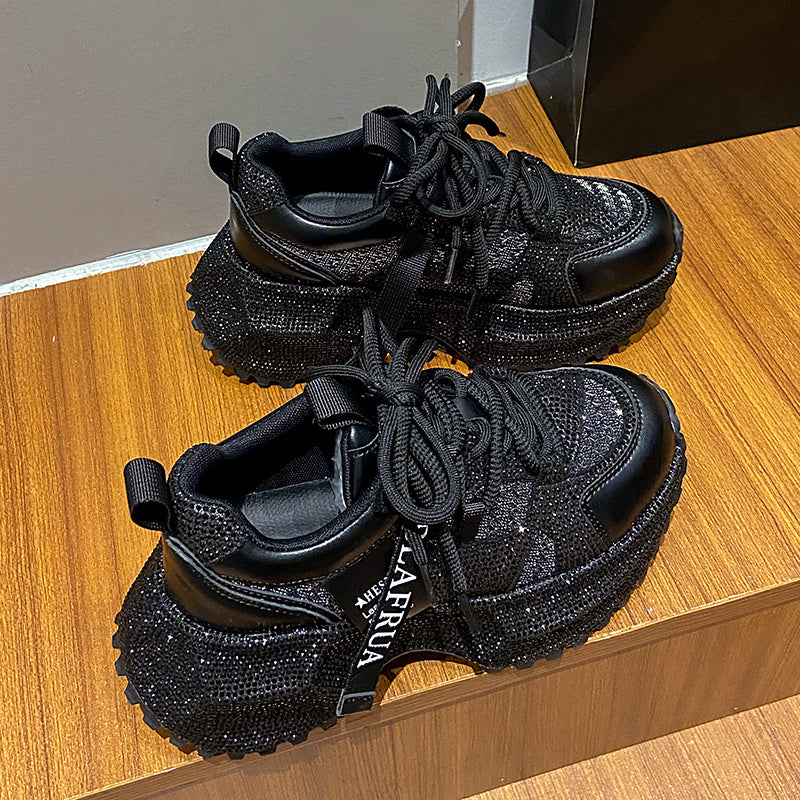 Women's Fashion High-top Sneakers | Shiny Sequin Lace-up Shoes with Rhinestones