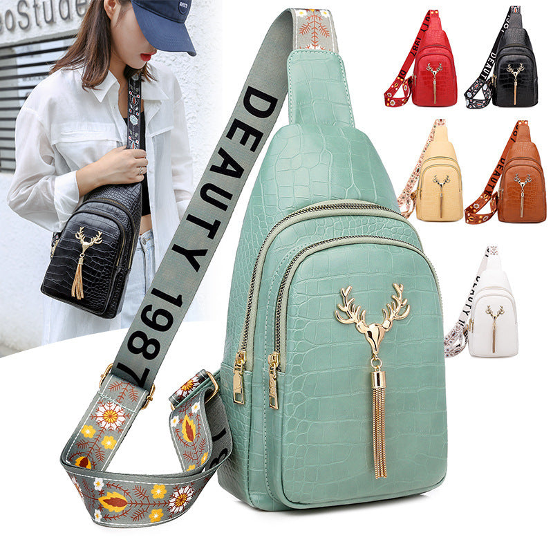 Women’s Deer Tassel Crossbody Bag – Embroidered Letter Chest Bag