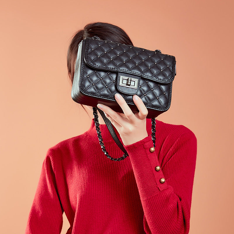 Genuine Leather Rhombus Chain Shoulder Messenger Bag for Women