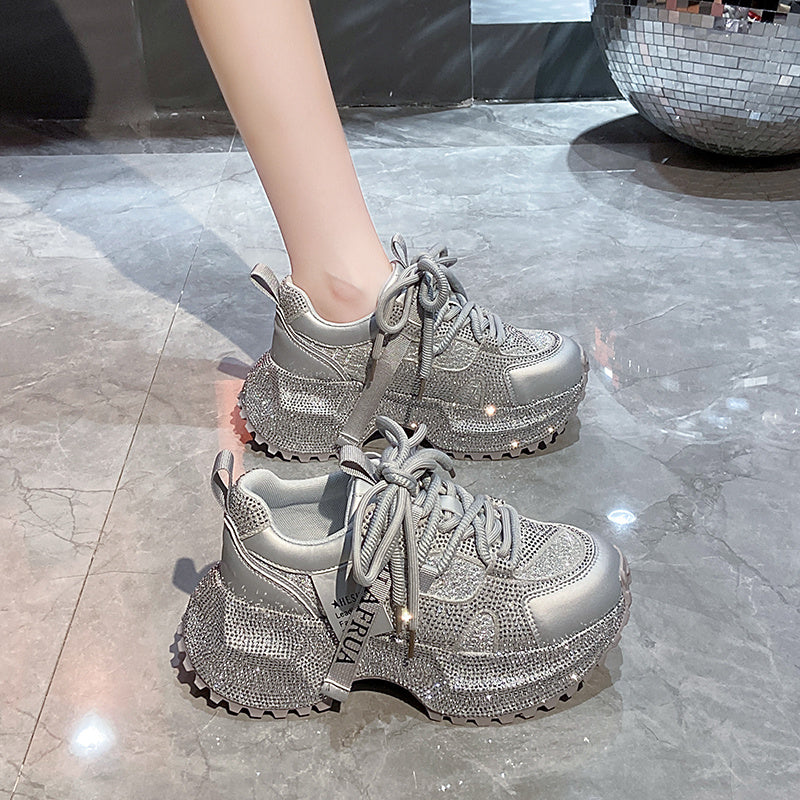 Women's Fashion High-top Sneakers | Shiny Sequin Lace-up Shoes with Rhinestones