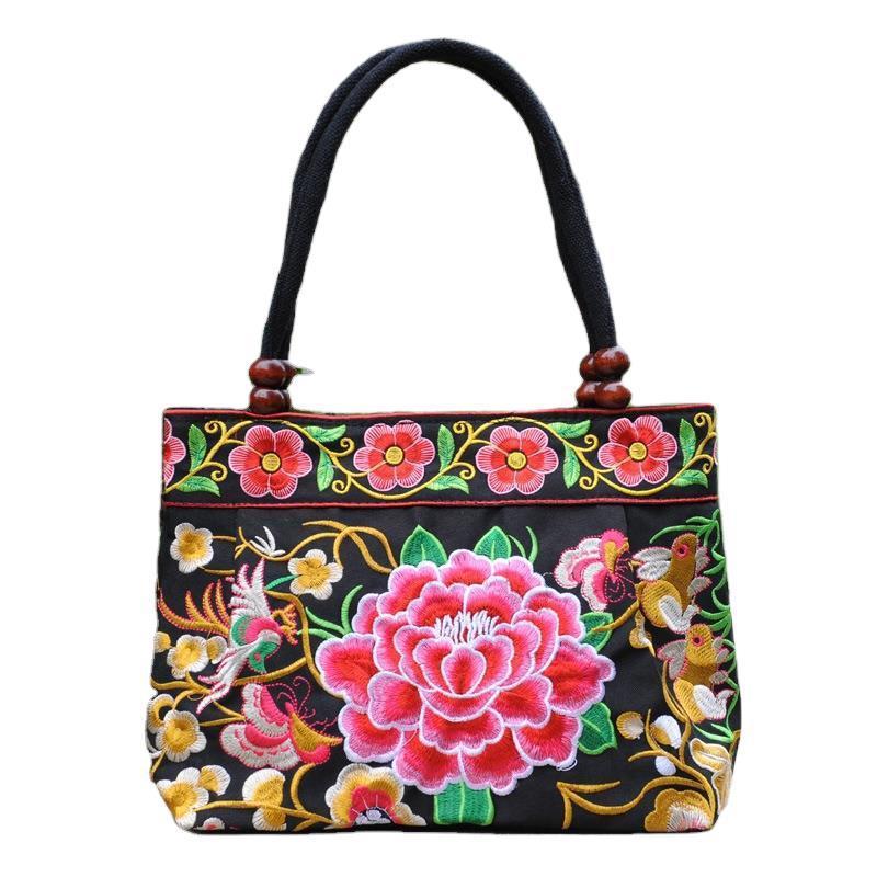 Ethnic Style Embroidered Handbag with Wooden Beads and Lace