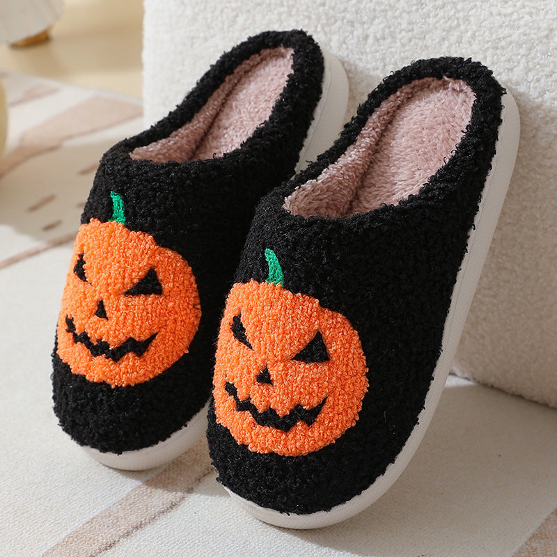 Halloween Pumpkin Slippers – Warm Plush Indoor Shoes for Couples