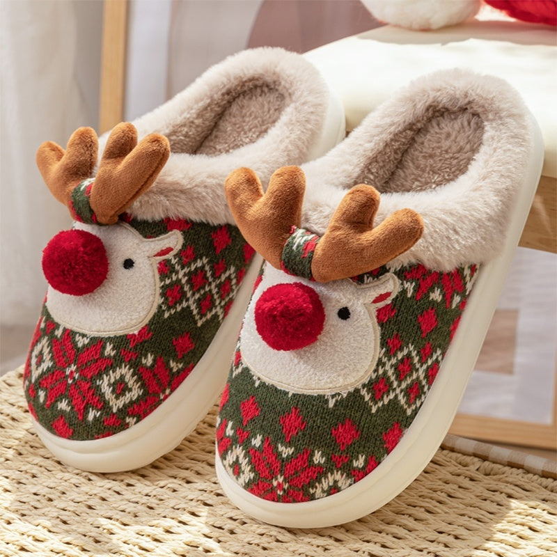Cute Christmas Elk Plush Slippers for Women – Warm Fuzzy Winter House Shoes