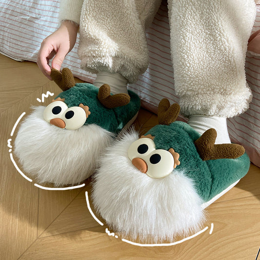 Cute Christmas Deer Plush Slippers for Women – Warm Winter Indoor Shoes