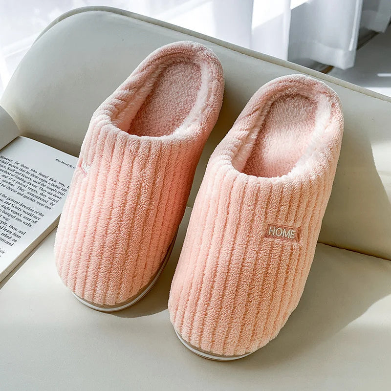 Solid Color Plush Slippers – Warm Non-Slip Winter Home Shoes for Couples