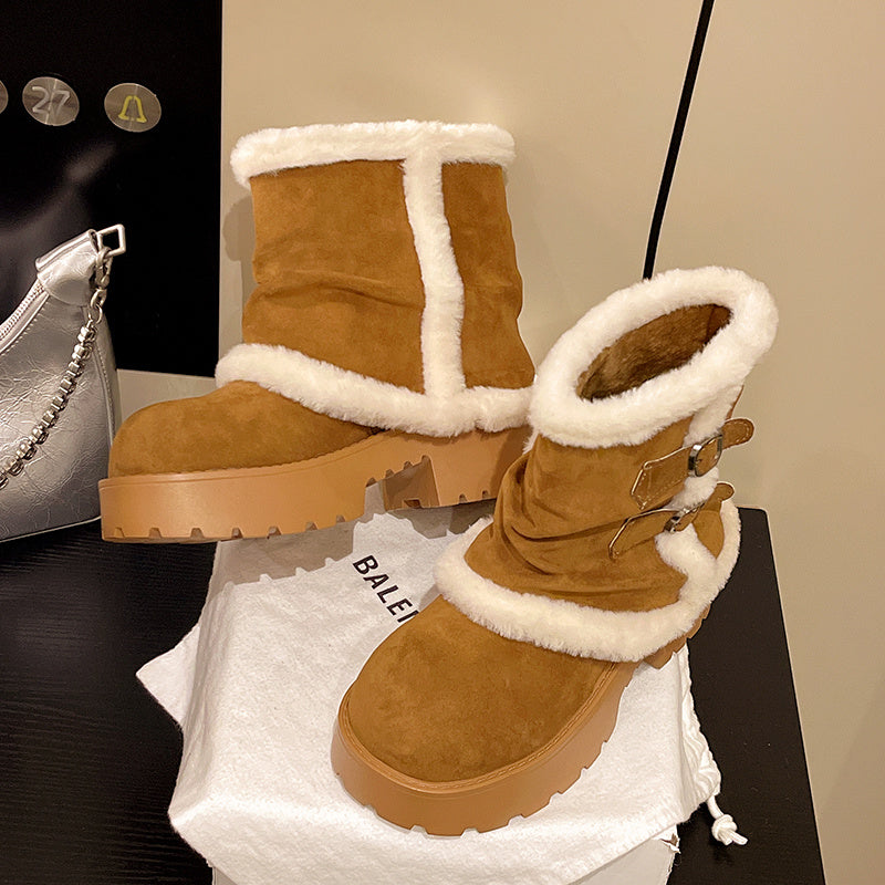 Women's Brown Suede Snow Boots Paired With White Fluffy Thick-soled Martin-style Short Boots, Comfortable Winter Ankle Boots With Sparkling Outfit And Creative Design
