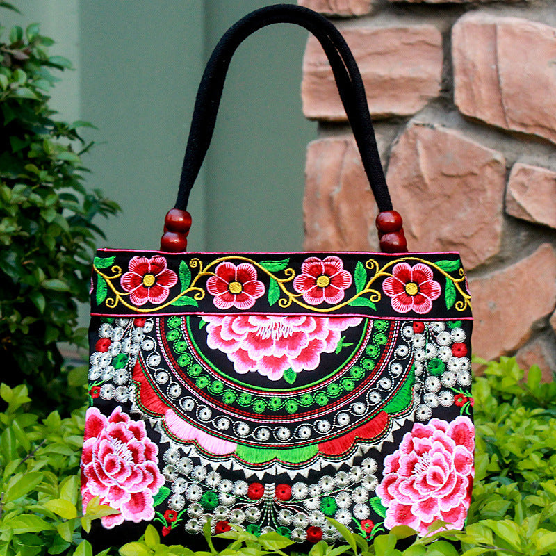 Ethnic Style Embroidered Handbag with Wooden Beads and Lace