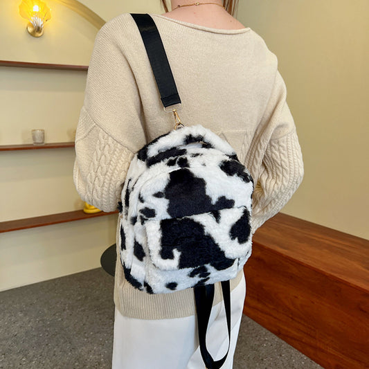 Soft Plush Cow Pattern Backpack – Cute Mini Women’s Bag