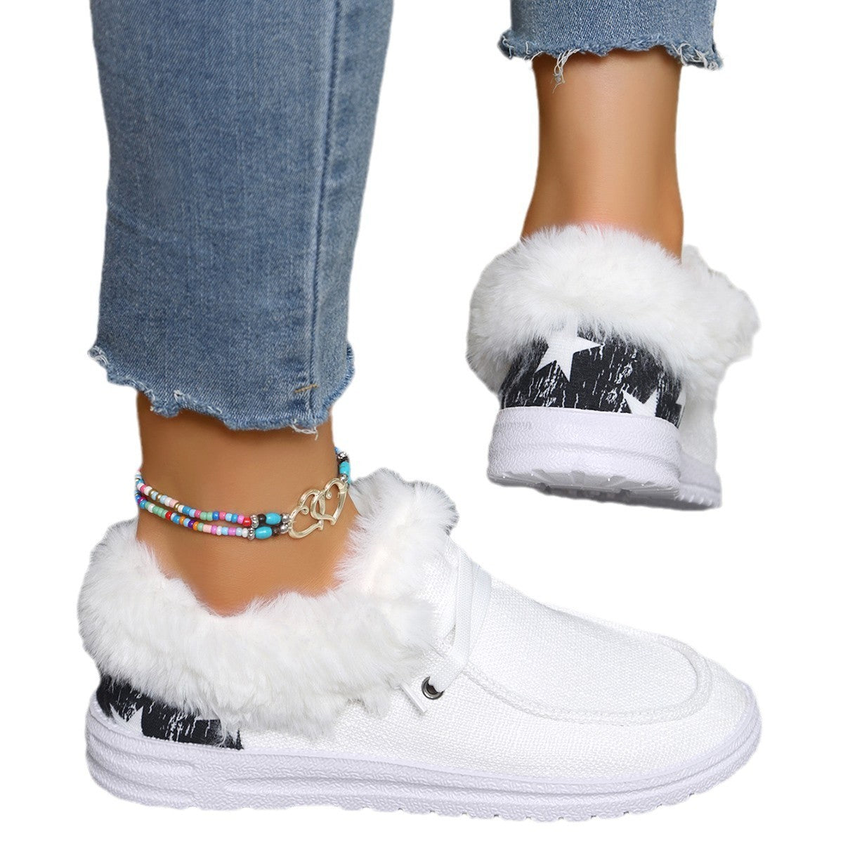 Women's Pumps Plus Size Flat Heel Furry Retro Casual Mom Shoes