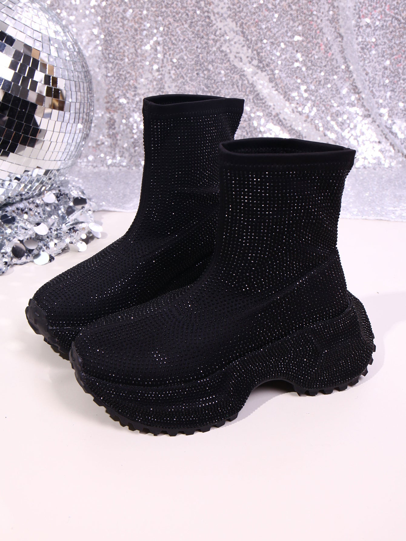 Women's Sparkling Rhinestone Ankle Boots, Thick-soled High Heels, Pink Disco Party Shoes, Fashionable Punk Rock Sequin Evening Boots