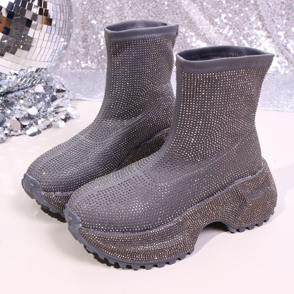 Women's Sparkling Rhinestone Ankle Boots, Thick-soled High Heels, Pink Disco Party Shoes, Fashionable Punk Rock Sequin Evening Boots