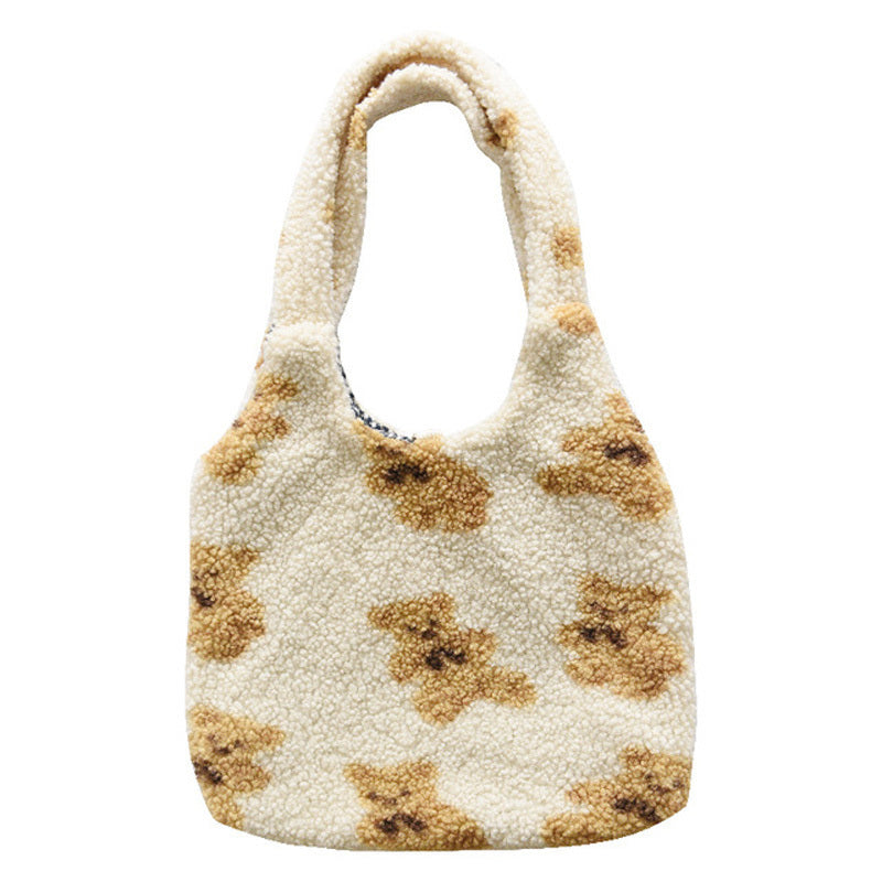 Women’s Winter Lamb Shoulder Bag – Cute Bear Print Handbag