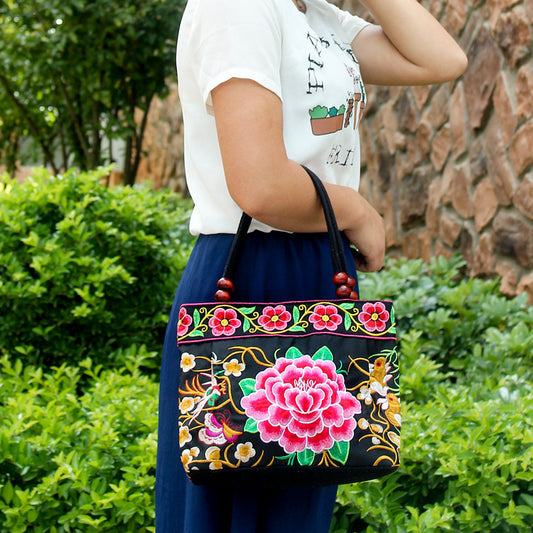 Ethnic Style Embroidered Handbag with Wooden Beads and Lace