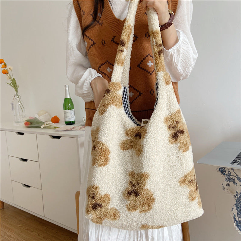 Women’s Winter Lamb Shoulder Bag – Cute Bear Print Handbag