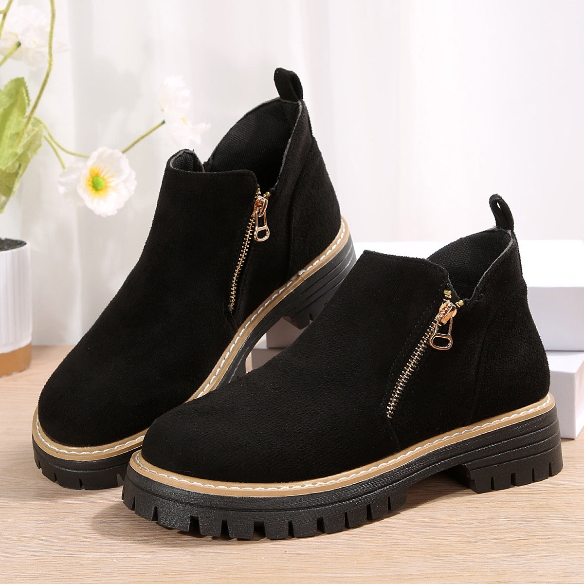 Fashion Ankle Boots With Side Zipper Ins Chunky Boots Autumn Winter Suede Shoes Women