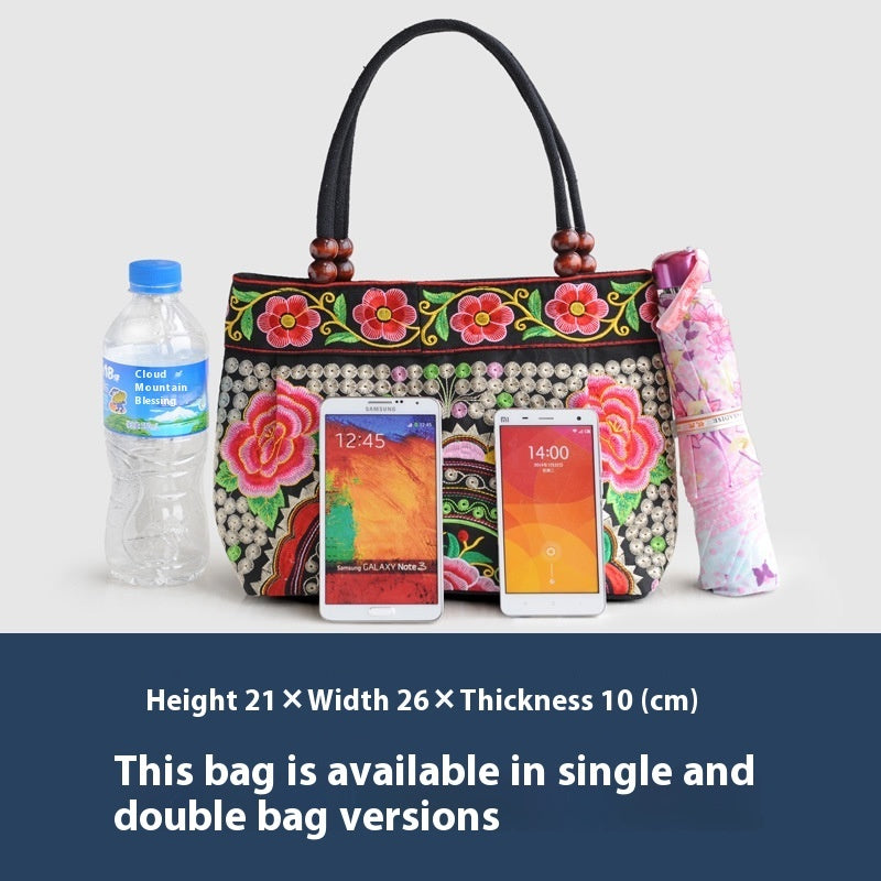 Ethnic Style Embroidered Handbag with Wooden Beads and Lace