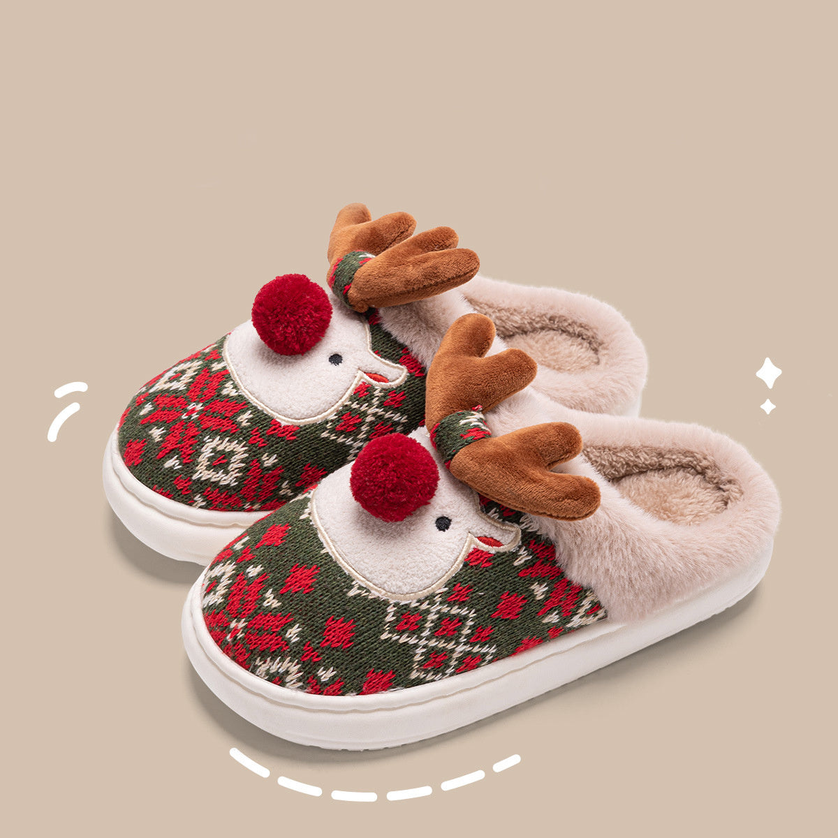 Cute Christmas Elk Plush Slippers for Women – Warm Fuzzy Winter House Shoes