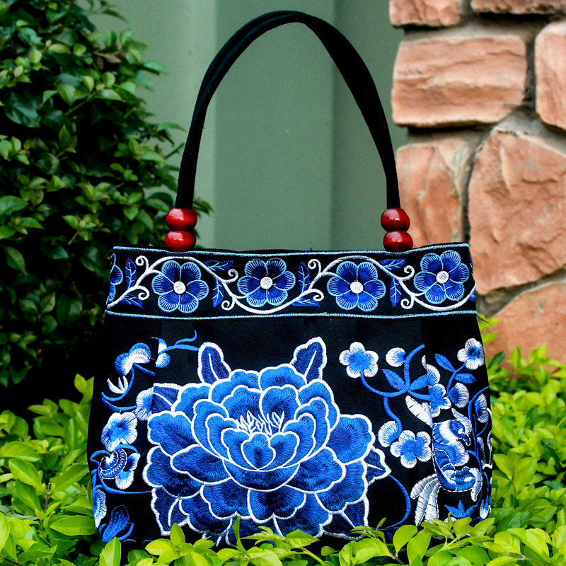Ethnic Style Embroidered Handbag with Wooden Beads and Lace