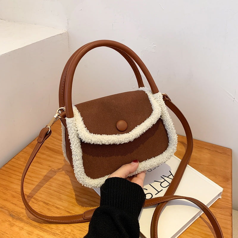 Fashion Lamb Plush Handbag One Shoulder Diagonal Saddle Bag