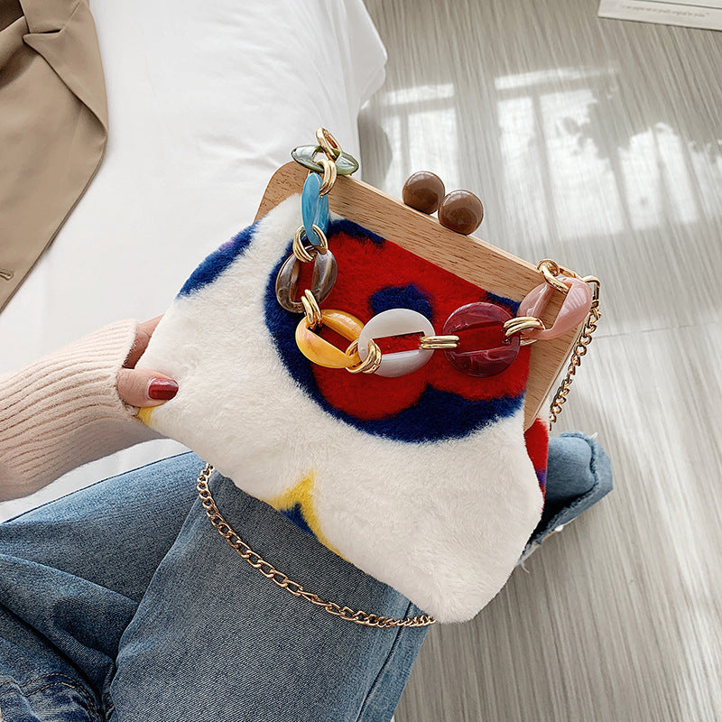 Stylish Plush Bucket Bag | Ladies Personality Lock Purse with Wood Clip