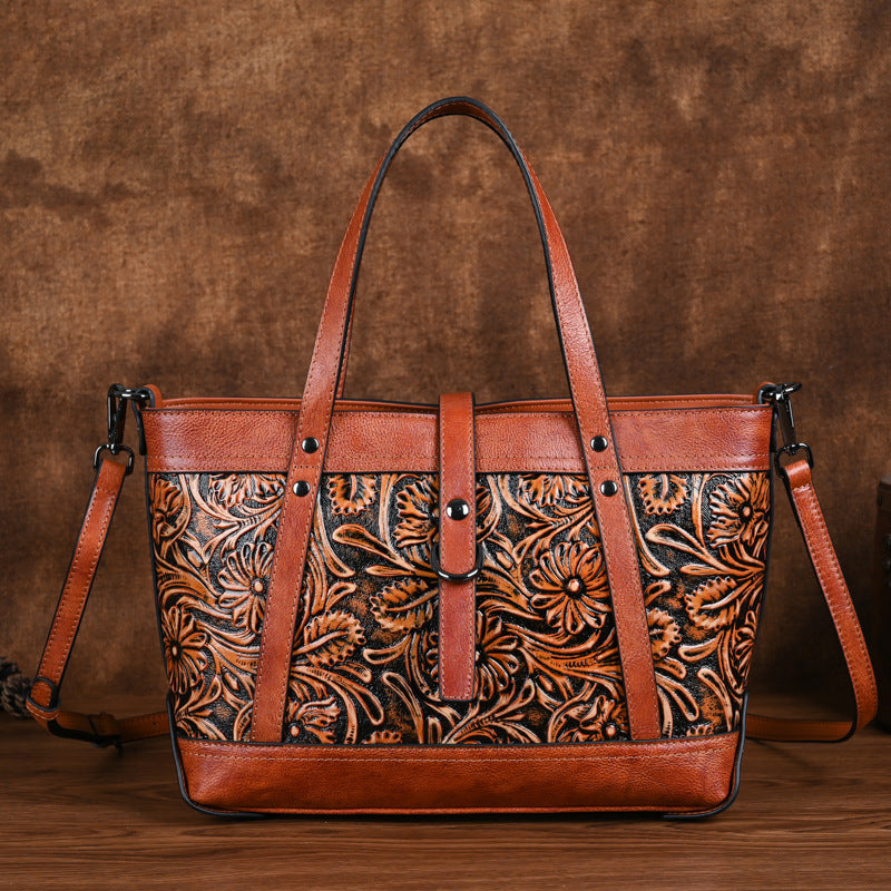 Women’s Cowhide Skeleton-Skin Bag – First Layer Hand-Carved Tote