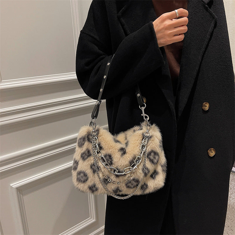 Women’s Winter Plush Chain Shoulder Bag – Floral Print Handbag