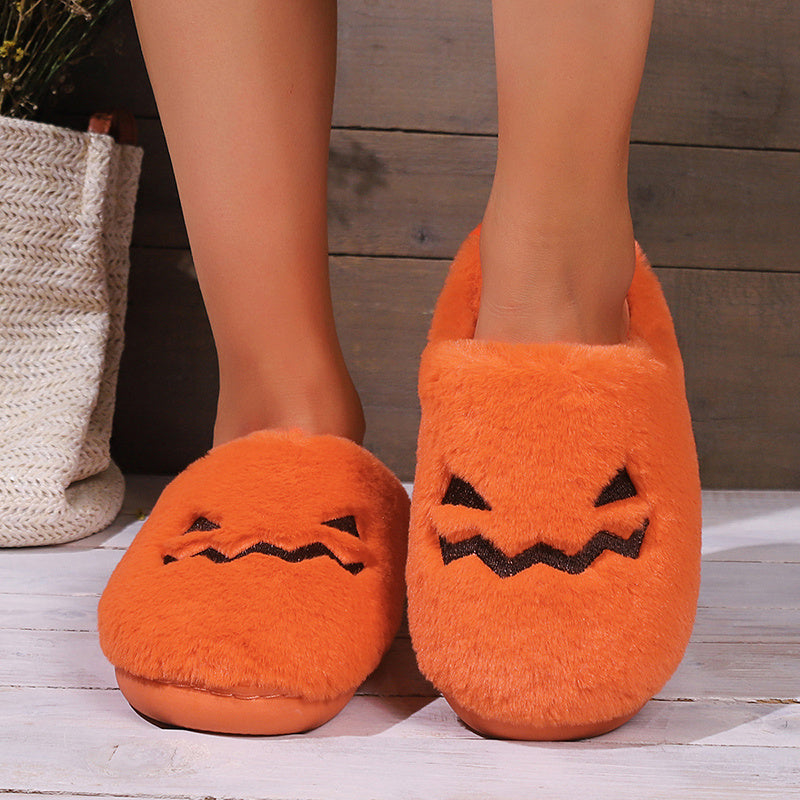 Cute Halloween Pumpkin Slippers – Warm Plush Indoor House Shoes