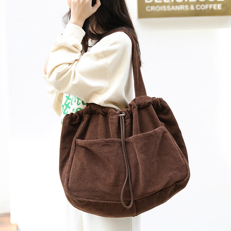Women’s Corduroy Shoulder Bag – Drawstring Multi-Pocket Handbag