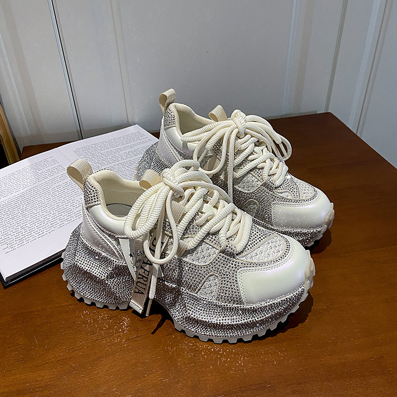 Women's Fashion High-top Sneakers | Shiny Sequin Lace-up Shoes with Rhinestones