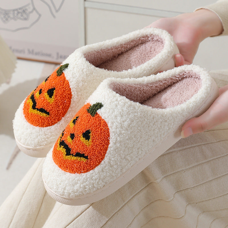 Halloween Pumpkin Slippers – Warm Plush Indoor Shoes for Couples