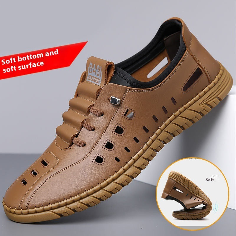 Men’s Hollow Leather Sandals – Breathable Slip-on Soft Bottom Shoes