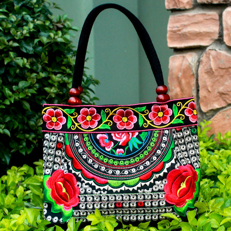 Ethnic Style Embroidered Handbag with Wooden Beads and Lace