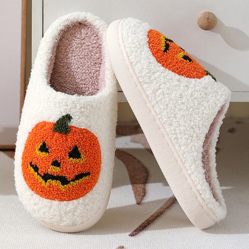 Halloween Pumpkin Slippers – Warm Plush Indoor Shoes for Couples