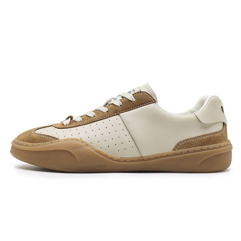 Men’s Genuine Leather Board Shoes – Stitching Contrast Color Platform Flat Casual Sneakers