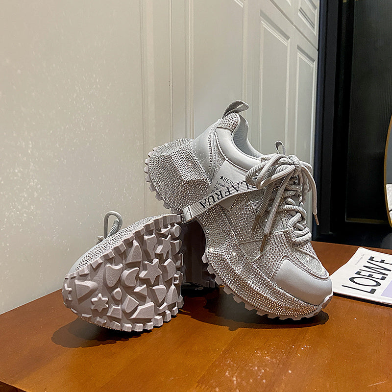 Women's Fashion High-top Sneakers | Shiny Sequin Lace-up Shoes with Rhinestones