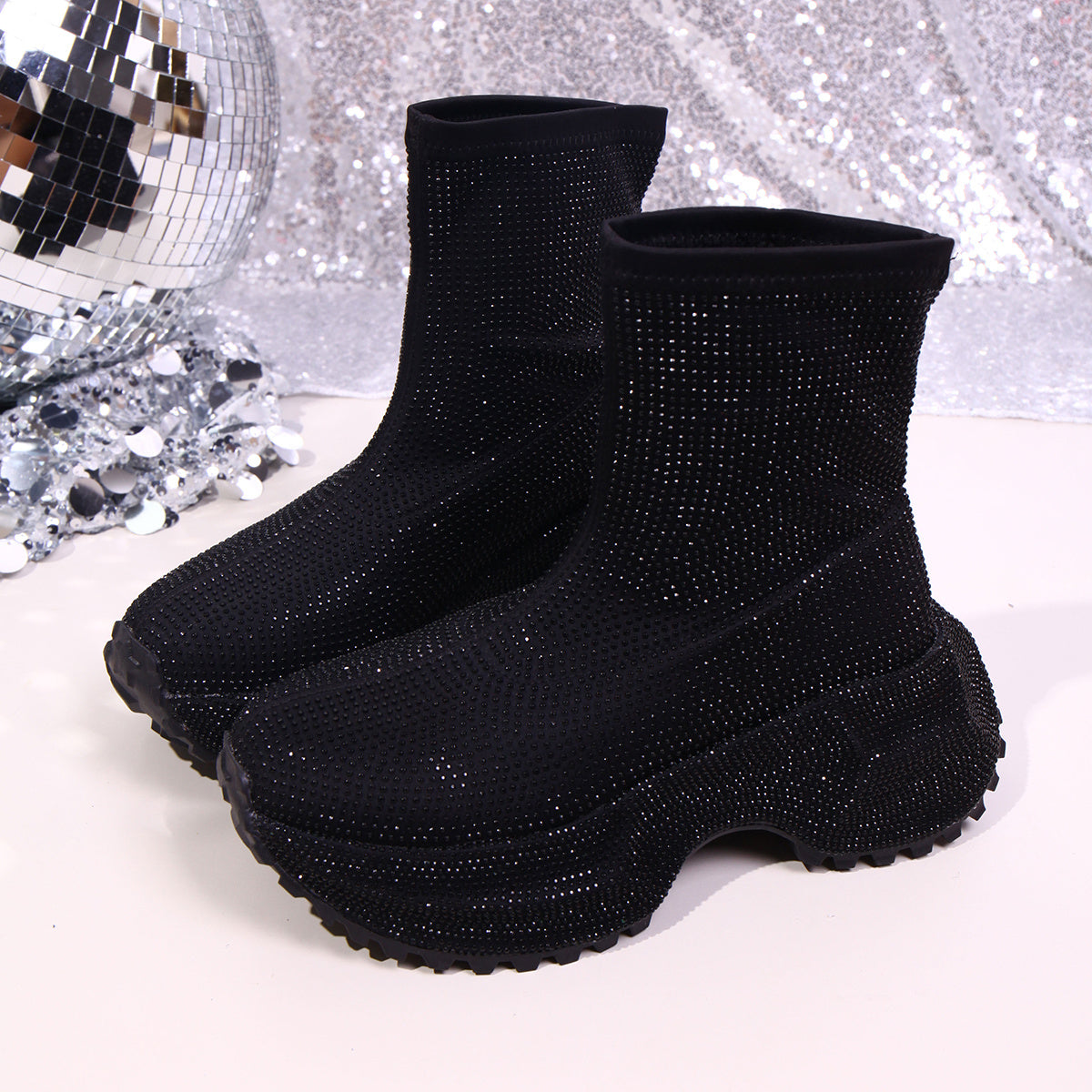 Women's Sparkling Rhinestone Ankle Boots, Thick-soled High Heels, Pink Disco Party Shoes, Fashionable Punk Rock Sequin Evening Boots