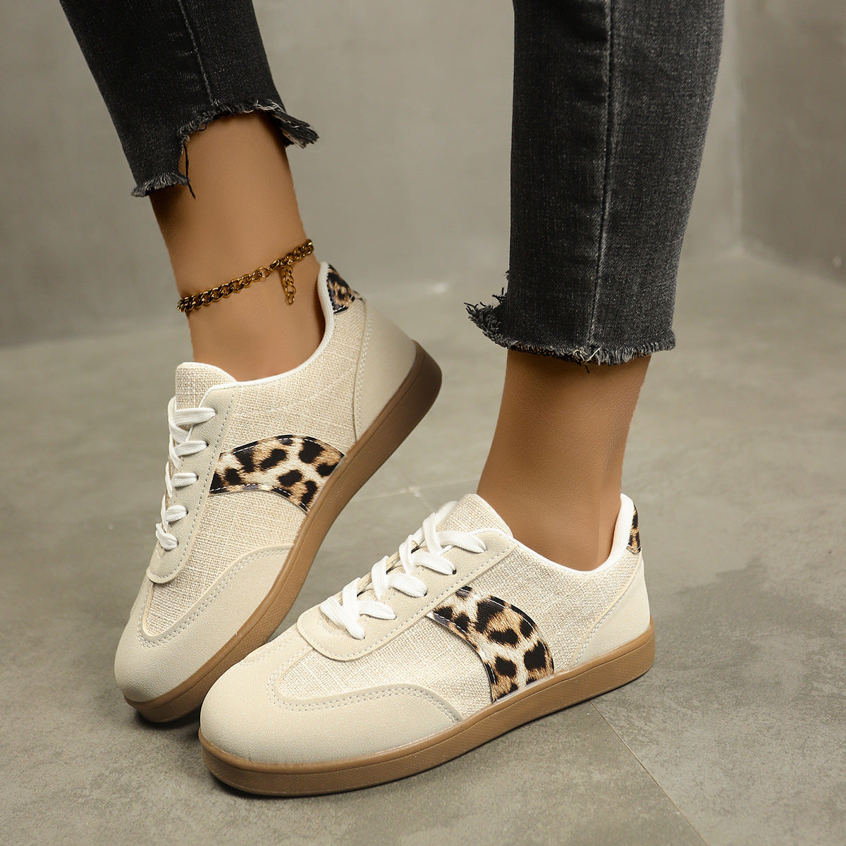 Women's Vintage German Training Shoes | Leopard Print Round Toe Lace-up Sneakers